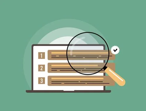 SEO CTR analysis - vector illustration of laptop displaying magnified top 3 Stock Illustration