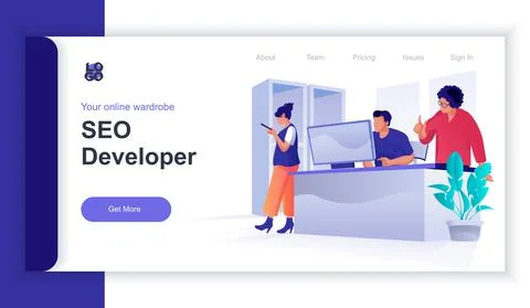 Seo developer concept 3d isometric web banner with people scene. Team studies Stock Illustration