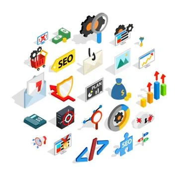 SEO development icons set, isometric style Illustrazione stock