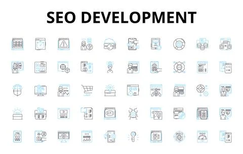 Seo development linear icons set. Optimization, Ranking, Analysis, Strategy Stock Illustration