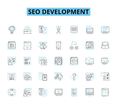 Seo development linear icons set. Optimization, Ranking, Analysis, Strategy Ilustración de archivo