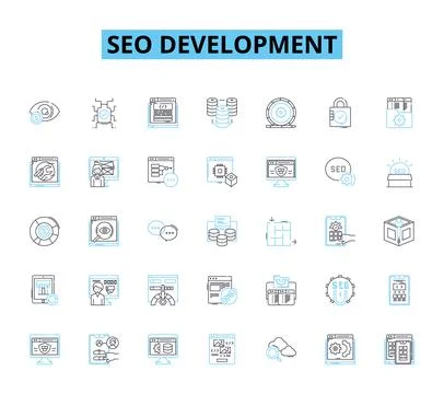 Seo development linear icons set. Optimization, Ranking, Analysis, Strategy Stock Illustration