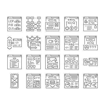Seo digital optimization strategy icons set vector Illustrazione stock