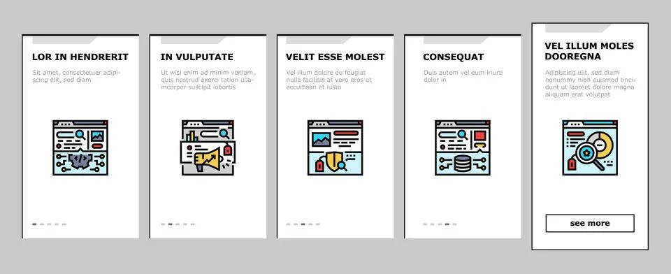 Seo digital optimization strategy onboarding icons set vector Illustrazione stock