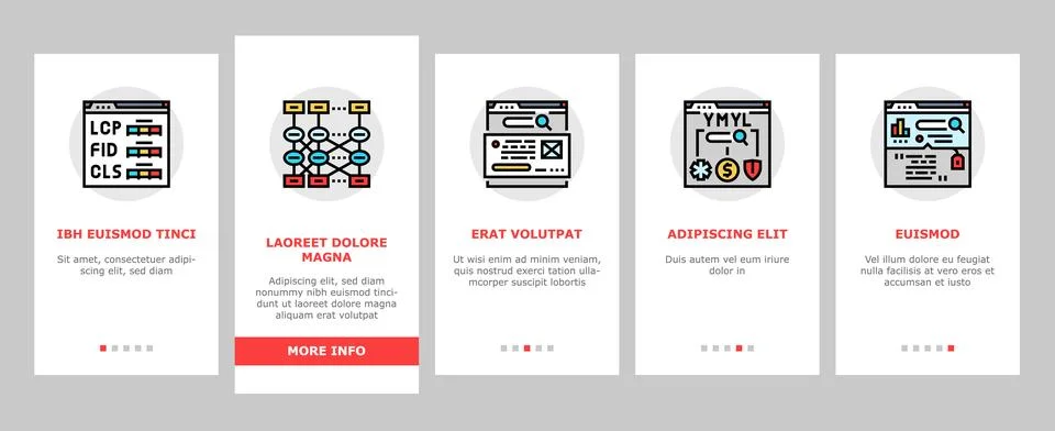 Seo digital optimization strategy onboarding icons set vector Illustrazione stock