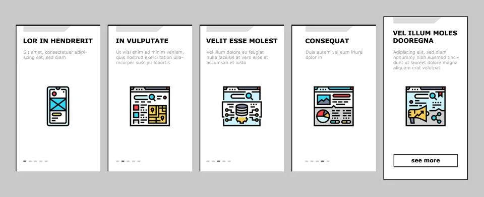 Seo digital optimization strategy onboarding icons set vector 스톡 일러스트