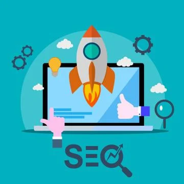 SEO icon for web-site of mobile application. Rocket start up from laptop. Иллюстрация