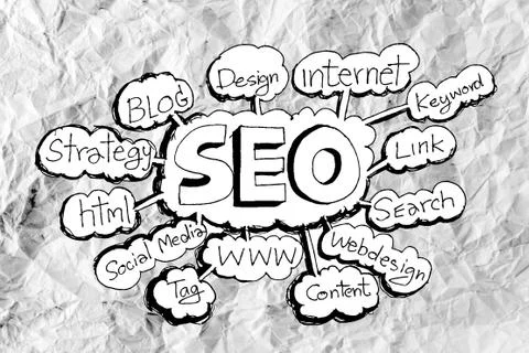 Seo idea seo search engine optimization on crumpled paper Stockillustratie