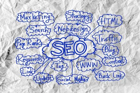Seo idea seo search engine optimization on crumpled paper Illustrazione stock
