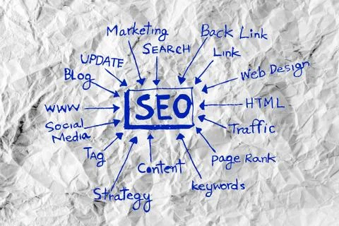 Seo idea seo search engine optimization on crumpled paper Illustrazione stock