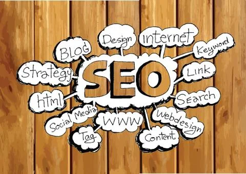 Seo Idea SEO Search Engine Optimization on wood background planks texture ill Stock Illustration