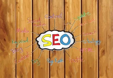 Seo Idea SEO Search Engine Optimization on wood background planks texture ill Illustrazione stock