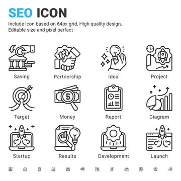 Seo line vector icon set with outline style isolated on white background 스톡 일러스트
