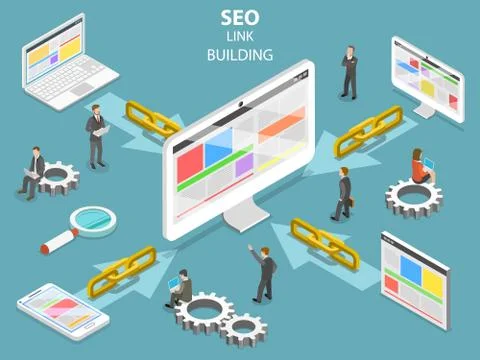 SEO link building flat isometric vector concept. Stock-Illustration