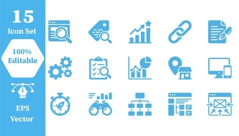 Seo marketing and website analytics icon set with marketing analytics busines Stock Illustration