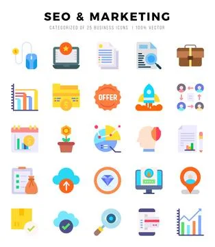 SEO &amp; MARKETING elements. Flat web icon set. Simple vector illustration. Stock Illustration