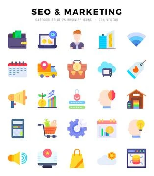 SEO &amp; MARKETING elements. Flat web icon set. Simple vector illustration. Stock Illustration