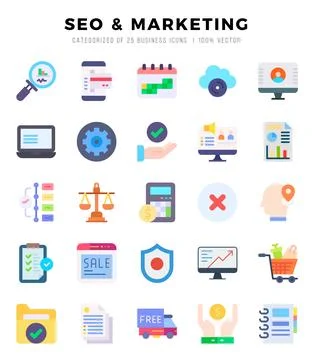 SEO &amp; MARKETING elements. Flat web icon set. Simple vector illustration. Stock Illustration