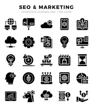 SEO &amp; Marketing elements. Glyph web icon set. Simple vector illustration. Stock Illustration