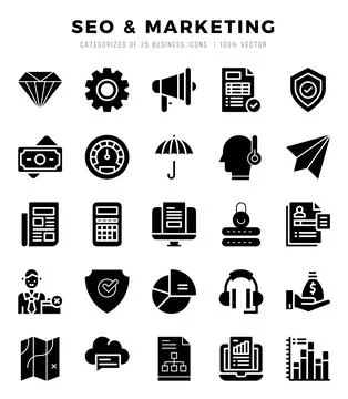 SEO &amp; Marketing elements. Glyph web icon set. Simple vector illustration. Stock Illustration