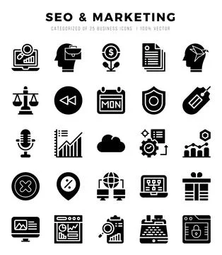 SEO &amp; Marketing elements. Glyph web icon set. Simple vector illustration. Stock Illustration
