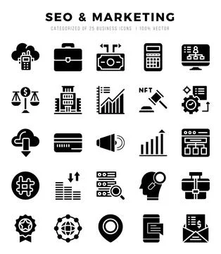 SEO &amp; Marketing elements. Glyph web icon set. Simple vector illustration. Stock Illustration