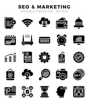 SEO &amp; Marketing elements. Glyph web icon set. Simple vector illustration. Stock Illustration