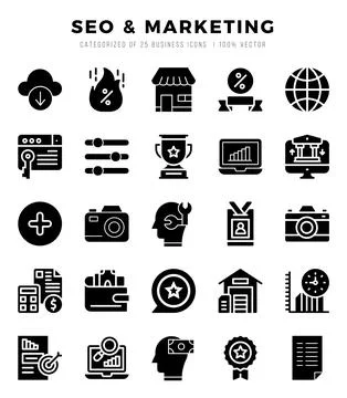 SEO &amp; Marketing elements. Glyph web icon set. Simple vector illustration. Stock Illustration
