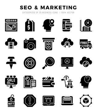 SEO &amp; Marketing elements. Glyph web icon set. Simple vector illustration. 스톡 일러스트
