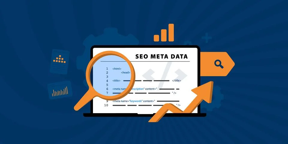 SEO meta tag optimization concept. Website header metadata structure, search Stock Illustration