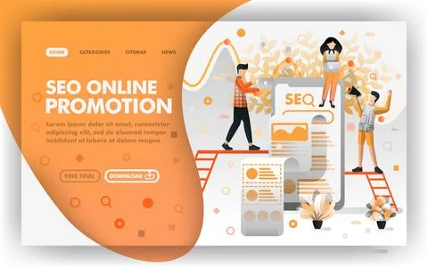 SEO Online Promotion Vector Web Concept. People optimizing promotion on searc Illustrazione stock