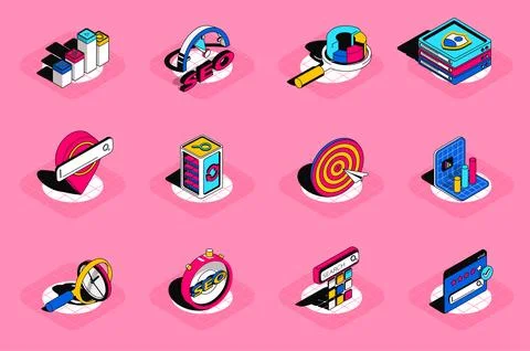 Seo optimization 3d isometric icons set. Pack elements of traffic, rating 스톡 일러스트