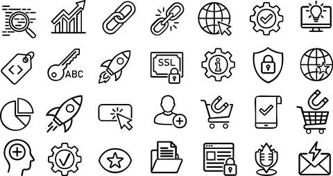 SEO optimization and digital marketing line icon set Stock Illustration