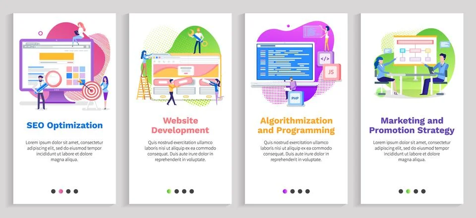 Seo Optimization and Website Development Vector Stockillustratie