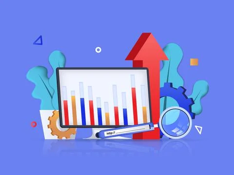 Seo optimization concept 3D illustration. Icon composition with keyword research Illustrazione stock