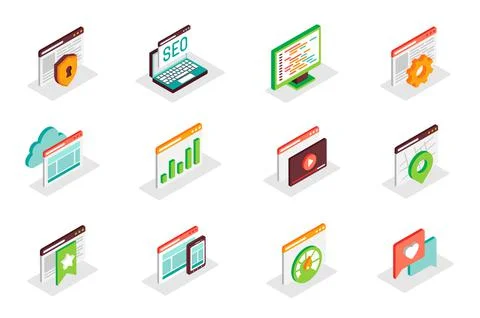 SEO optimization concept 3d isometric icons set. Pack isometry elements of Stock Illustration