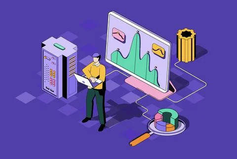 Seo optimization concept in 3d isometric design. Man analyze algorithms and s Stock Illustration