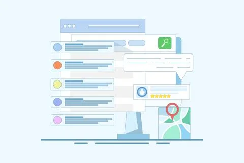 SEO Optimization Concept, Business address in search engine map, Website SEO. Stock Illustration