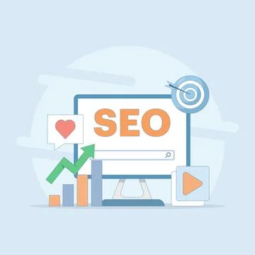 SEO Optimization Concept. Computer with Target and Graphics. Stock Illustration