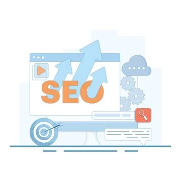 SEO Optimization Concept. Computer with Target and Graphics. Stock Illustration