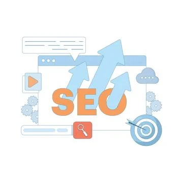 SEO Optimization Concept. Computer with Target and Graphics. Stock Illustration