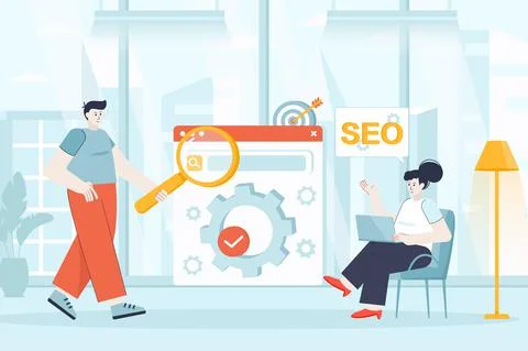 Seo optimization concept in flat design. Developers work in office scene. Man Stock Illustration