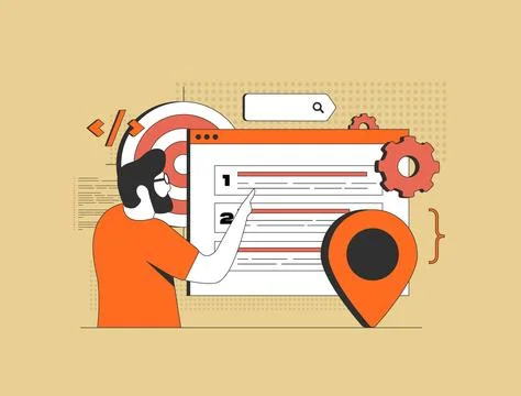 SEO optimization concept with marketer analyzing search engine ranking. Local Stock Illustration