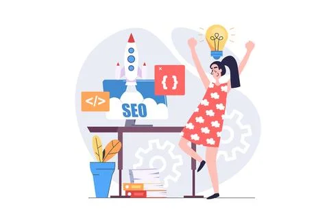 SEO optimization concept in modern flat design for web. Woman developing st.. Stock Illustration