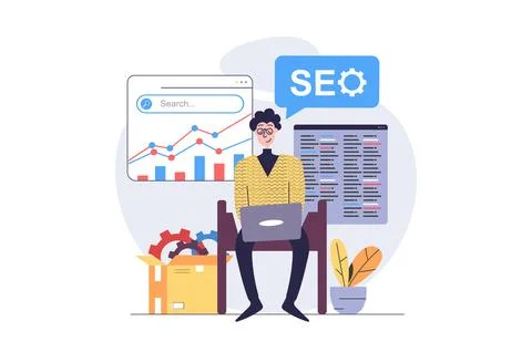 SEO optimization concept in modern flat design for web. Man analyzing engine  스톡 일러스트