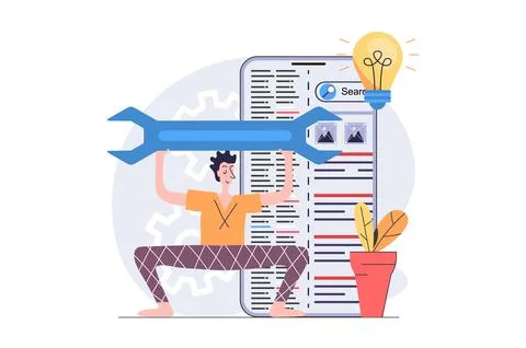SEO optimization concept in modern flat design for web. Man analyzing search  스톡 일러스트