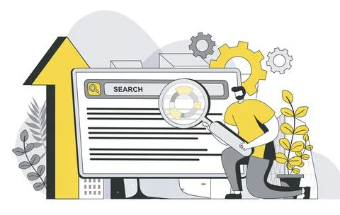 Seo optimization concept with outline people scene. Man settings search and Stock Illustration