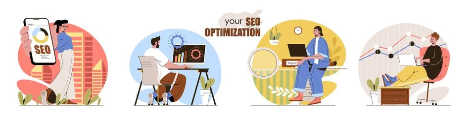 Seo optimization concept scenes set. Search settings, data analysis, increase Illustrazione stock