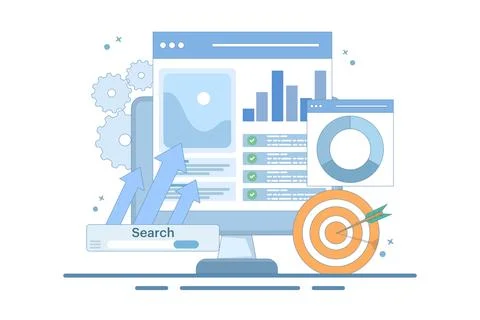 SEO Optimization Concept, Web Analytics and Social Media Marketing SEO. Stock Illustration