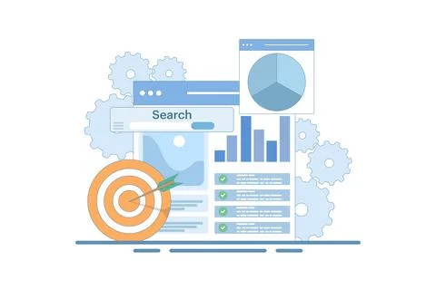 SEO Optimization Concept, Web Analytics and Social Media Marketing SEO. Stock Illustration